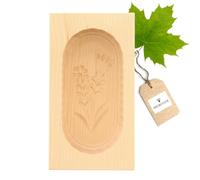 HOFMEISTER® molde de mantequilla para 125 g de mantequilla, 14 cm, motivo margarita, hecho a mano en Alemania, molde de mantequilla para decorar, forma de dintel cuadrado, madera de arce local