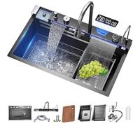 HOFMSX Fregadero Negro Raindance Waterfall de Acero Inoxidable, fregaderos Grandes Inteligentes con lavaplatos, estación de Trabajo de un Solo tazón empotrada, Accesorios completos para r
