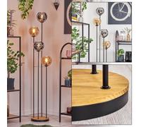 HOFSTEIN Koyoto - Lámpara de pie de metal, madera/cristal en negro/marrón oscuro/humo/ámbar, lámpara de diseño retro/vintage (pantallas de 15 cm de diámetro), interruptor de pie, 147 cm, E14, salón,