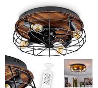 hofstein Ventilador de techo Moscavide, ventilador de metal/plástico en negro/madera/marrón con mando a distancia, lámpara de techo con focos orientables, 4 x E27 IP20, sin bombillas