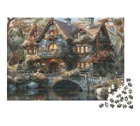 Hogar Cabaña Fantasía Rompecabezas 1000 Piezas Adultos Cabaña Piedra Puente Bosque Rústico Difícil Premium Grueso Resistente Vibrante Desafiante Alivio Estrés 52x38cm/1000pcs