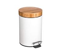 Hogar y Mas Papelera Metálica Blanca| Tapa de Madera de bambú con Sistema de Descenso automático | Cubo de Pedal con antihuellas