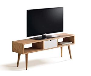 HOGAR24 ES Argos-Mesa televisión, Mueble TV salón diseño Vintage, Cajón y Huecos, Madera Maciza Natural. 110 x 40 x 30 cm.