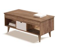 HOGAR24 ES Atelier-Mesa Centro Elevable Madera Maciza Natural, Cajón Deslizante Color Blanco. 100cm x 50cm x 47cm.