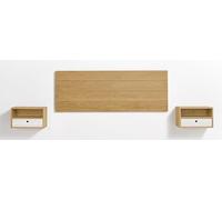 HOGAR24 ES - Cabecero Acabado Madera Maciza Natural + 2 Mesitas Flotantes con Cajón y Hueco Acabado Cera/Blanco. Medidas Cabecero: 155 x 60 x 2 cm.