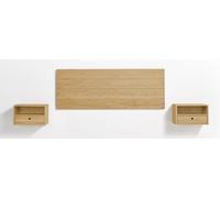 HOGAR24 ES - Cabecero Acabado Madera Maciza Natural + 2 Mesitas Flotantes con Cajón y Hueco Acabado Cera. Medidas Cabecero: 155 x 60 x 2 cm.