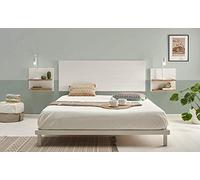 HOGAR24 ES Cabecero Madera Blanca + 2 mesitas con estantes Combinado Madera Maciza Natural Encerado y Fondo Blanco, Medidas cabecero; 155 x 60 x 2 cm