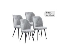 HOGAR24 ES Conjunto de Mesa de Salon de Cristal Transparente con Estructura Color Negro + Juego 4 Sillas Tapizado Gris y Estructura Metalica Negro.