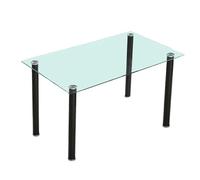 HOGAR24 ES Conjunto Mesa de Cocina de Cristal Fija Transparente con Estructura Negra + Juego de 4 Sillas Tapizadas Tejido Color Beige y Patas Metalicas Negras.