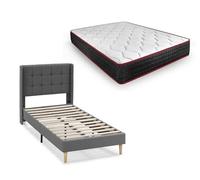 HOGAR24 ES - Estructura de Cama Tapizada con Cabecero, Láminas de Madera + Colchon Viscoelástico Memory Premier 20, Medida: 90x190 cm