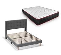 HOGAR24 ES - Estructura de Cama Tapizada con Cabecero, Láminas de Madera + Colchon Viscoelástico Memory Premier 20, Medida: 150x190 cm