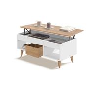 HOGAR24 ES - Mesa Centro Elevable con Cajón Deslizante y Huecos de almacenaje, Color Blanco y Madera. Medidas: 100cm x 50cm x 47cm.