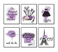 HOGEBIG Carteles de maquillaje morados con estampado de París para pared, maquillaje, sala de arte, juego de 6 perfumes, flores, lápiz labial, lienzo para (11 x 14 pulgadas, sin marco, morado noble)