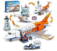 HOGOKIDS Juego de construcción de avión de pasajeros de ciudad, 711 piezas 3 en 1, helicópteros de aeropuerto, avión de juguete con camión de equipaje, torre de radar, autobús para niños, niñas,