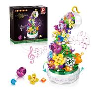 HOGOKIDS Juguete de construcción de flores musicales con luz LED, flores artificiales, caja de música giratoria, bloques de construcción, juego de colección botánica para adultos, regalo de San