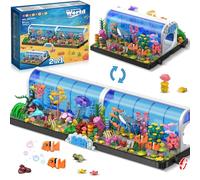 HOGOKIDS Kit de construcción de acuario - 2 tipos de juguetes de construcción de oceanario para niños y adultos, acuarios submarinos giratorios con delfines, tiburones, medusas, regalo de