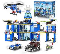 HOGOKIDS Kit de construcción de estación de policía de la ciudad, juguete de bloques de construcción para niños con helicóptero, moto, coche, juguete educativo, regalo creativo para niños a partir de