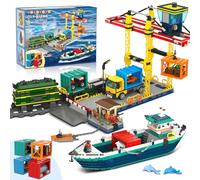 HOGOKIDS Puerto de la ciudad con grúa para contenedores de construcción - barco, tren, camión, 4 contenedores con bloques de construcción de puerto de carga | Juguete técnico para adultos