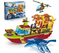 HOGOKIDS Set de construcción de Dinosaurios y Barco Grande para niños 8+ | Aventura aérea, marítima y terrestre con lancha de rescate, helicóptero explorador, jaula de captura, Regalos para niños