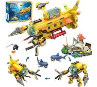 HOGOKIDS Set de Construcción Submarino Ciudad 3 Estilos con Luces LED, Juguete Barco Amarillo de Exploración Oceánica con 2 Tiburones, Esqueleto de Ballena y Dron, Regalo Cumpleaños Navidad Niños 8+