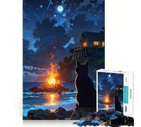 Hoguera Nocturna en la Playa con Gato Negro Rompecabezas para Adolescentes de 1000 Piezas Fortalece la Memoria Alivia el estrés Decoración de Pared con Bordes limpios (38x52cm)