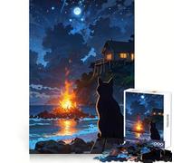 Hoguera Nocturna en la Playa con Gato Negro Rompecabezas para Adolescentes de 1000 Piezas Fortalece la Memoria Alivia el estrés Decoración de Pared con Bordes limpios (38x52cm)