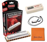 Hohner Harmonica Marine Band Key Bb 1896BXBb 10 agujeros, paquete con estuche duro, mini collar de armónica Julieta Music paño de pulido