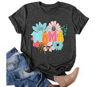 hohololo Camiseta de manga corta con estampado de letras de mamá para mujer, camisa gráfica de flores, casual, para el día de la madre, regalo, Gris-A, M