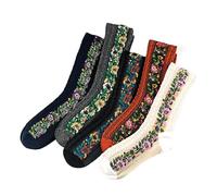 Hohopeti Calcetines Vintage de Media Caña para Mujer 5 Pares de Algodón Cálido y Transpirable Diseño Étnico Estampado de Flores Pequeñas Ideales para Otoño E Invierno