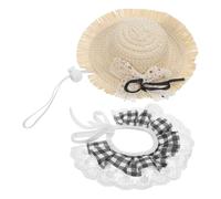 Hohopeti Sombrero de Paja y Pañuelo Negro de Encaje para Mascota, Conjunto 2 Piezas, Talla Ajustable 43-58 Cm, Disfraz Decorativo de Estatua de Jardín para Perros y Gatos en Exteriores