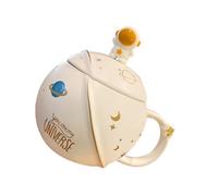 Hohopeti Taza de Agua de Cerámica Tapa y Cuchara, Diseño Espacial, 1 Juego para Parejas, Resistente al Calor, Adecuado para Café, Leche y Té en Hogar y Oficina