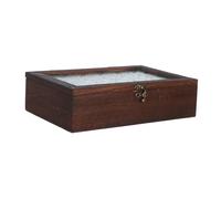 Hohopeti Vintage Wooden Keepsake Organizer Box with Glass Lid Medium Storage Cabinet with Raffia Grass Filler For Tea Cosmetics and Jewelry Decorative Desktop Organizer
