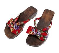 Hohopeti Zuecos Japoneses de Madera para Mujer Sandalias Planas de Verano con Suela Antideslizante Cómodas Chanclas Indoor y Beach Estilo Tradicional Chino Talla Color Rojo