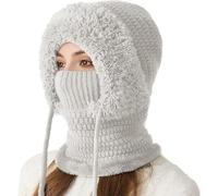 HOIDOKLY Gorro 3 en 1 con bufanda y máscara, gorro de punto para mujer, forro polar, bufanda de invierno, juego de gorro de nieve, blanco, Talla única
