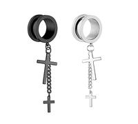 Hoisy 2 Unidades Dilataciones Tunel, 14mm Dilatador Tunel, Redondo con Cadena y Cruz, Acero Inoxidable, Piercing para Hombre Oreja Plata Negro