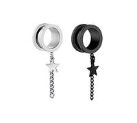 Hoisy 2 Unidades Kit Expansores, 25mm Dilataciones Orejas Set, Redondo con Cadena y Estrella, Acero Inoxidable, Piercing para Oreja Hombre Plata Negro
