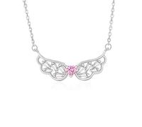 Hoisy Collar Colgante para Mujer de Oro Blanco 14K, Ala y Corazón con Zafiro Rosa Creado y Moissanita, Collares de Plata Rosa de Mujer