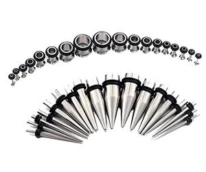 Hoisy Set de 36 Tunel Dilatador Oreja, 1.6mm-10mm Juego Dilataciones Oreja, Set de Piercing Oreja Conos y Redondos, Acero Inoxidable, Dilatadores Hombre Plata