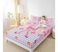 Hoja ajustada de lazo rosa tamaño m tamaño, lindo cereza postre pastel impresión tela suave bolsillo profundo cubierta de colchón, cubierta de ajedrez púrpura beige con 1 funda de almohada (sin hoja