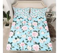Hoja ajustada rosa rosa tamaño S, jardín botánico acuarela flores ropa de cama para niños niñas mujeres estilo romántico decoración floral bolsillo profundo, 1 funda de almohada (sin hoja plana)