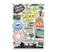 Hoja de calcomanías A4 de vinilo con monumentos de Sudáfrica, mapa de la ciudad africana, sello de aeropuerto, bandera de horizonte de viajes, vacaciones, cultura estética #79999