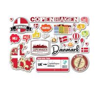 Hoja de calcomanías A5 de Dinamarca, calcomanías de vinilo - mapa de Copenhague, bandera de viaje, vacaciones, campo, idioma, ciudad, estética, álbum de recortes #83339