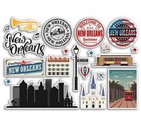 Hoja de calcomanías A5 de vinilo con monumentos de Nueva Orleans, Louisiana, Estados Unidos, Estados Unidos, sellos de aeropuerto estadounidense, horizonte, bandera, mapa, viajes, vacaciones, álbumes