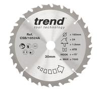 Hoja de sierra circular inalámbrica para madera Trend, 185 mm de diámetro, 30 mm de diámetro interior, 24 dientes, corte de 1,8 mm, gancho de +15°, TCT, acabado medio, CSB/18524A