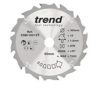 Hoja de sierra circular inalámbrica Trend Wood, 160 mm de diámetro, orificio de 20 mm, 12 dientes, corte de 1,8 mm, gancho de +20°, TCT, acabado grueso, CSB/16012T
