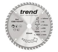 Hoja de sierra circular inalámbrica Trend Wood, 165 mm de diámetro, orificio de 20 mm, 48 dientes, corte de 1,5 mm, gancho de +10°, TCT, acabado fino, CSB/16548T