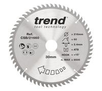 Hoja de sierra circular para madera Trend, diámetro de 216 mm, orificio de 30 mm, 60 dientes, corte de 2,4 mm, gancho de +15°, TCT, acabado extrafino, CSB/21660