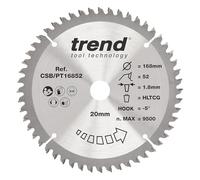 Hoja de sierra circular Trend para laminado y HPL, 168 mm de diámetro, orificio de 20 mm, 52 dientes, corte de 1,8 mm, gancho de -5°, TCT, acabado superfino, CSB/PT16852