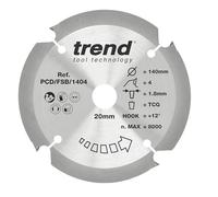 Hoja de sierra circular Trend PCD para fibrocemento, 140 mm de diámetro, orificio de 20 mm, 4 dientes, corte de 1,8 mm, +12° Hook, PCD, Acabado grueso, PCD/FSB/1404