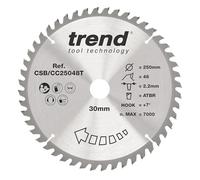 Hoja de sierra ingletadora ATBR inalámbrica para madera Trend, 250 mm de diámetro, orificio de 30 mm, 48 dientes, corte de 2,2 mm, gancho de +7°, TCT, acabado medio, CSB/CC25048T